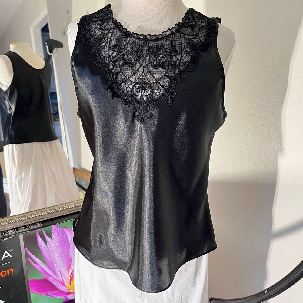 VTG Cinema Etoile Black Satin Lace Camisole Top L Y2K Lingerie Chic